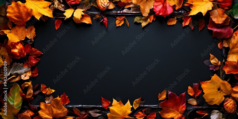 Poster a black background with a frame of autumn leaves