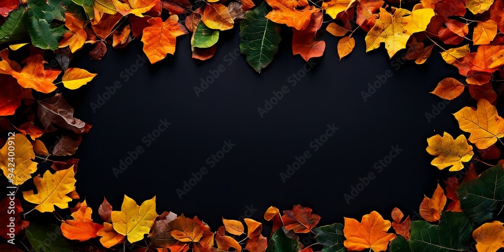Poster a black background with a frame of leaves in various colors