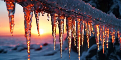 A frozen metal railing covered in icicles