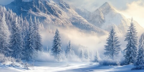 Obraz premium A serene winter landscape unfolds beautifully, featuring frosty trees standing tall against a stunning mountain backdrop, evoking a sense of tranquility and showcasing the enchanting beauty of winter