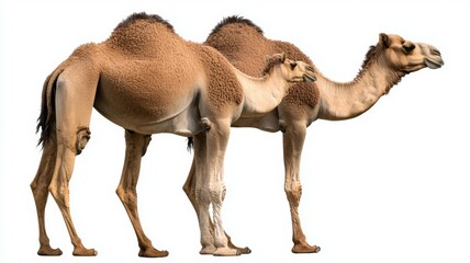 Two camels standing next to each other on a white background