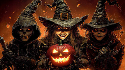 Trio Halloween Demon Witches With