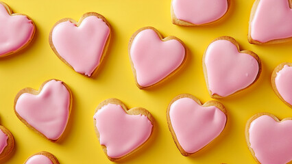 Obraz premium Heart-Shaped Sugar Cookies with Pink Icing on Vibrant Yellow Background