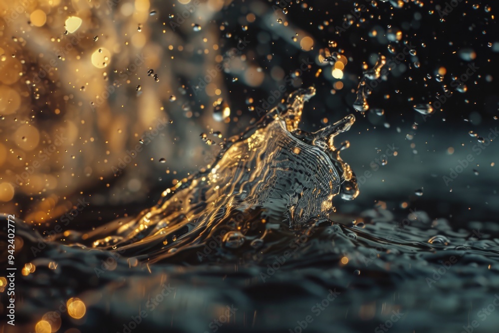 Poster A detailed view of a water splash on a surface, useful for illustrating concepts like liquid dynamics or adding visual interest to articles and presentations