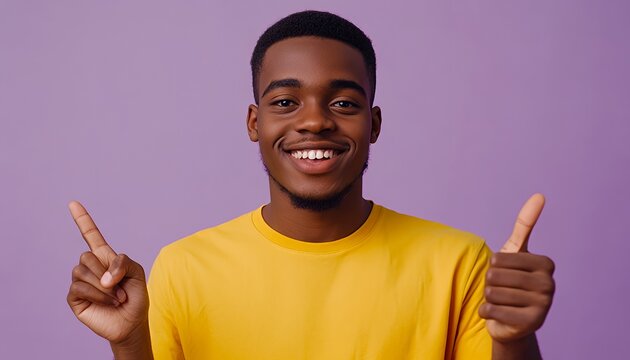 A smiling young man in a yellow shirt gestures with thumbs up against a purple background.