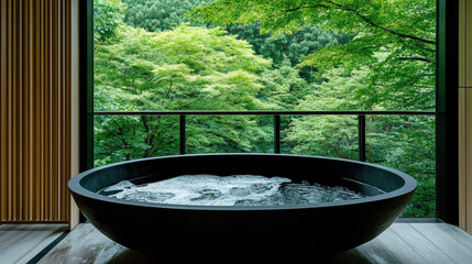 Modern, round black bathtub placed in front of a large, scenic window overlooking vibrant green trees, providing a perfect spa-like retreat.