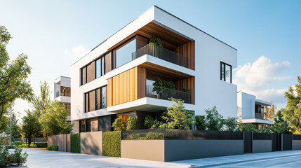 Row of sleek, two-story houses with contrasting colors, set against a bright, sunny day, creating a vibrant, contemporary suburban scene.