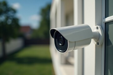 Close-up view of a modern home security camera monitoring vigilantly, showing details of advanced technology and vigilance around the area