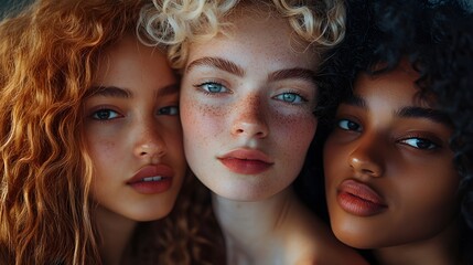 Obraz premium Three diverse women with beautiful curly hair and striking features posing closely together.
