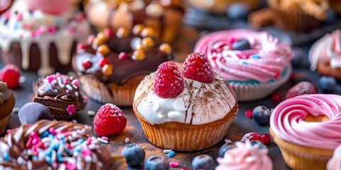 cupcakes with raspberry and donuts with chocolate syrup 