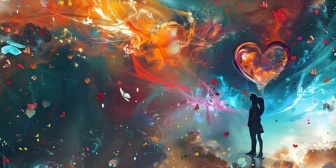 Abstract colors background with heart and silhouette 