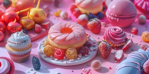 Cupcake and donuts and strawberries and berries 