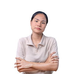 Angry Asian woman  Serious face Standing with arms crossed, looking into the camera dissatisfied, criticizing harshly, feeling upset, irritated, with a serious expression blaming failure.