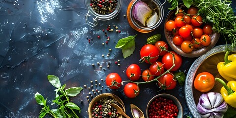 Tomate and sauce and vegetables dark background 