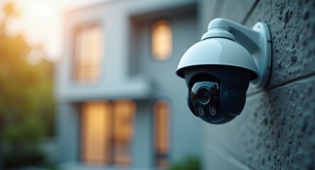 Close-up view of a modern home security camera monitoring vigilantly, showing details of advanced technology and vigilance around the area