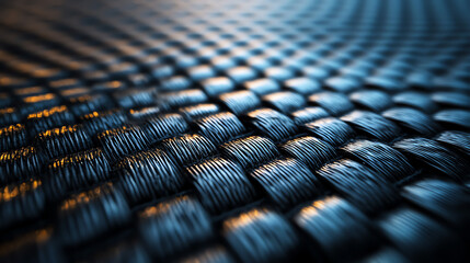 Close up of a dark blue woven fabric with a repeating pattern of squares.