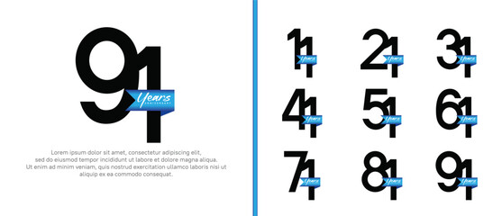 anniversary logotype set. vector design black color with blue ribbon can be use for celebration event