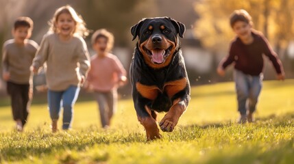 Fototapeta premium Energetic Rottweiler Playing with Children in a Sunny Backyard, Joyful Interaction, Fun and Laughter, Strong Dog with Glossy Black and Tan Coat, Kids Enjoying Playtime in a Lively Outdoor Setting