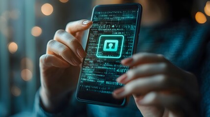 Female hands holding a smartphone displaying a digital security lock icon.