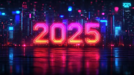 Neon 2025 Sign Over a Futuristic City Skyline
