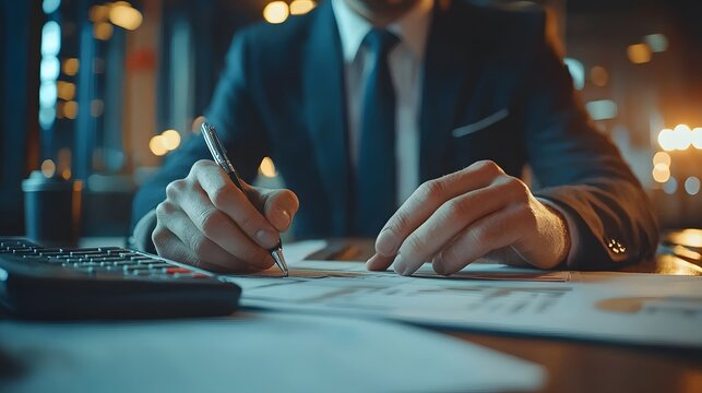 A businessman in a suit analyzing financial reports at a desk.
