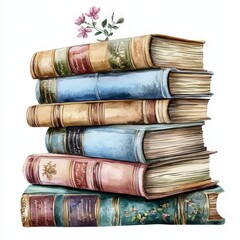 A stack of vintage books with a small flower on top, symbolizing knowledge and nature.