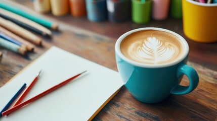 A creative workspace featuring a blue coffee cup with latte art, paintbrushes, and colored pencils on a wooden desk..