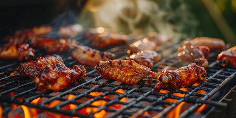 Barbecue chicken wings cooked on the grill grate