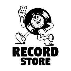 Funny cartoon character of a vinyl recorded. Can be used as Sticker, posters, prints. Retro cartoon style. Vector illustration