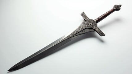 A sword with a gold cross on the hilt and a silver blade