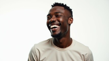 A man with a beard is smiling and laughing