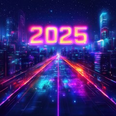 Fototapeta premium Neon 2025 Cityscape with glowing road