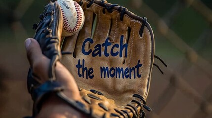 A hand gripping a baseball glove tightly, catching a ball, text "Catch the moment" written on the glove