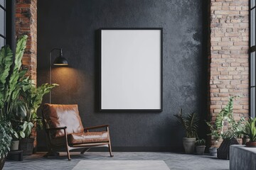 Fototapeta premium Modern dark loft living room interior with blank poster frame mockup on grey wall with generative ai