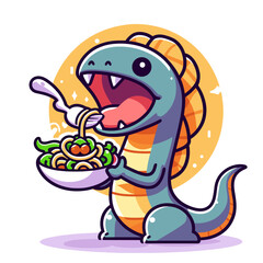 A cartoon dinosaur is eating a bowl of noodles. The dinosaur has a big mouth and is holding a fork