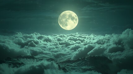 Fototapeta premium Full Moon Above the Clouds: A ethereal, dreamlike image of a luminous full moon bathed in soft green light, floating above a sea of billowing clouds. The serene and mysterious scene evokes a sense of