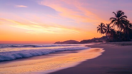Tropical Sunset Serenity:  A captivating vista of a pristine beach bathed in the warm glow of a vibrant sunset, with gentle waves lapping at the shore and swaying palm trees silhouetting the colorful 