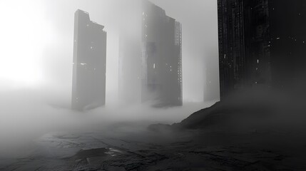 Lost City in the Mist: Ancient, monolithic skyscrapers pierce the dense fog, their surfaces weathered and worn in this haunting vision of a forgotten metropolis.
