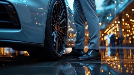 Legs of successful businessman in expensive suit and shoes next to the wheel of luxury car
