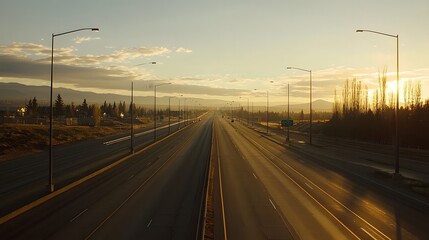 Golden Hour Road Trip: Empty highway stretches towards a majestic sunset, promising adventure and tranquility. 