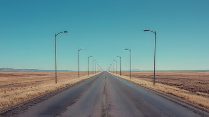 Endless Road: A solitary road stretches out into the horizon, bathed in the warm light of a clear, blue sky. The vanishing point, a symbol of infinite possibilities, invites contemplation and a sense 