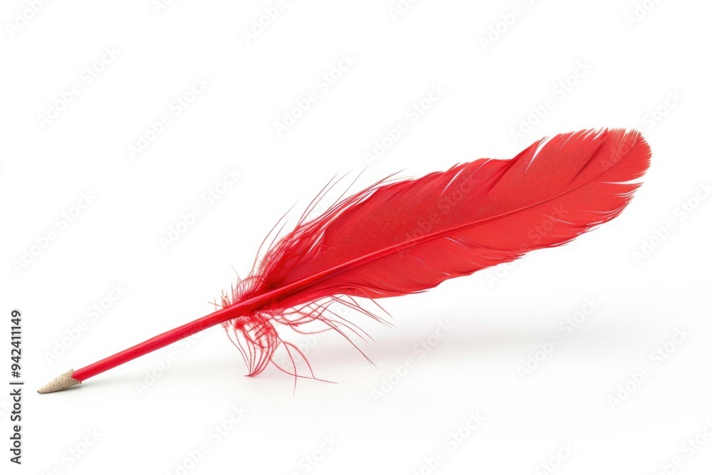 Poster a single red feather quill sitting on a white surface, ready for writing