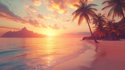Tropical Sunset Beach with Palm Trees and Ocean View