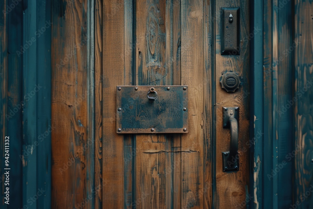 Poster a close-up shot of a wooden door with a sign, suitable for use in various settings such as homes, of