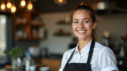 A woman in a white shirt and apron is smiling and posing for a picture