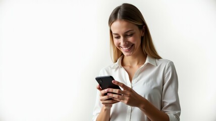 Fototapeta premium A woman is smiling while looking at her cell phone