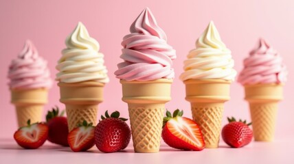 A row of ice cream cones with pink and white swirls and strawberries on top