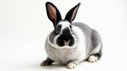Obraz premium A rabbit with black ears and a white face is sitting on a white background