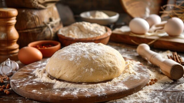 Cooking homemade pizza dough in a rustic kitchen setting Homemade dough for various bakery items on wooden backdrop