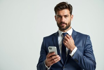 A man in a suit and tie is holding a cell phone
